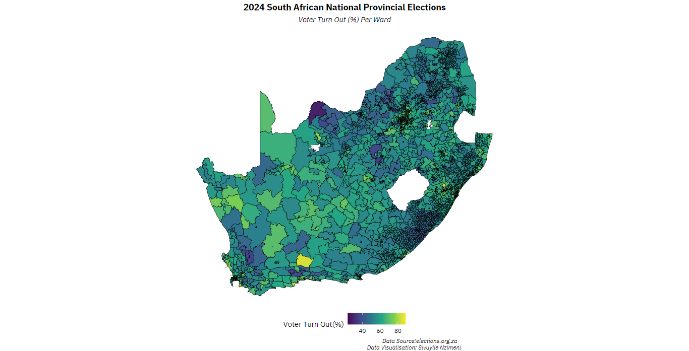 A map of South Africa illustrating voter turn out across wards